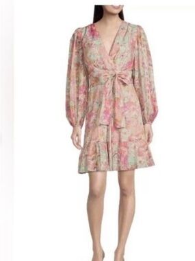 #579 Alex Marie Pastel Floral Long-Sleeve Tie-Front Mini Dress - Pink & Mint